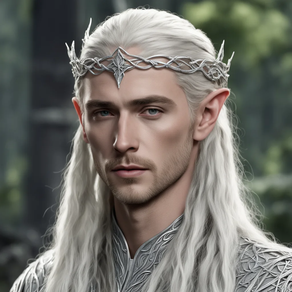 aiking thranduil with blond hair and braids wearing two silver vines intertwined to form a small thin silver elvish circlet with large center diamond