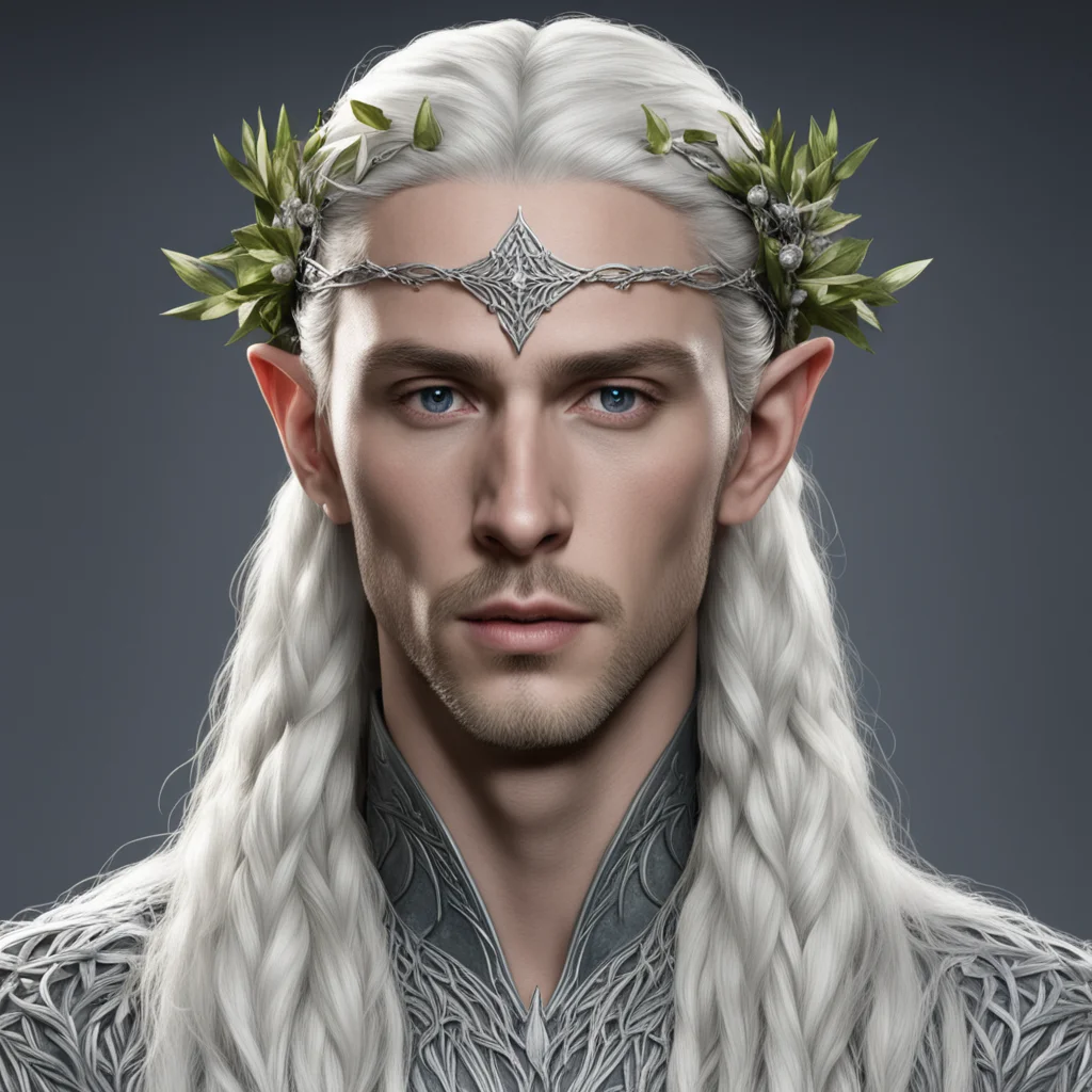aiking thranduil with blond hair and braids wearing vines of silver and berries of diamond to form silver elvish circlet with large center diamond amazing awesome portrait 2