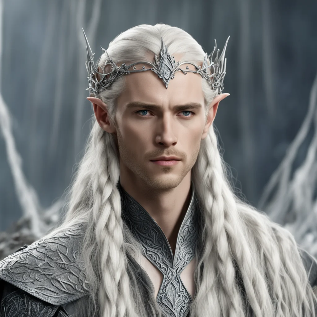 aiking thranduil with blond hair and braids wearing vines of silver and berries of diamond to form silver elvish circlet with large center diamond good looking trending fantastic 1