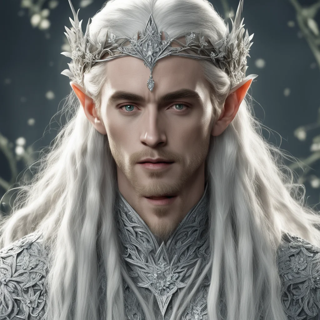 aiking thranduil with blond hair and braids wearing vines of silver flowers encrusted with diamonds intertwined to make a silver elvish circlet with large center diamond