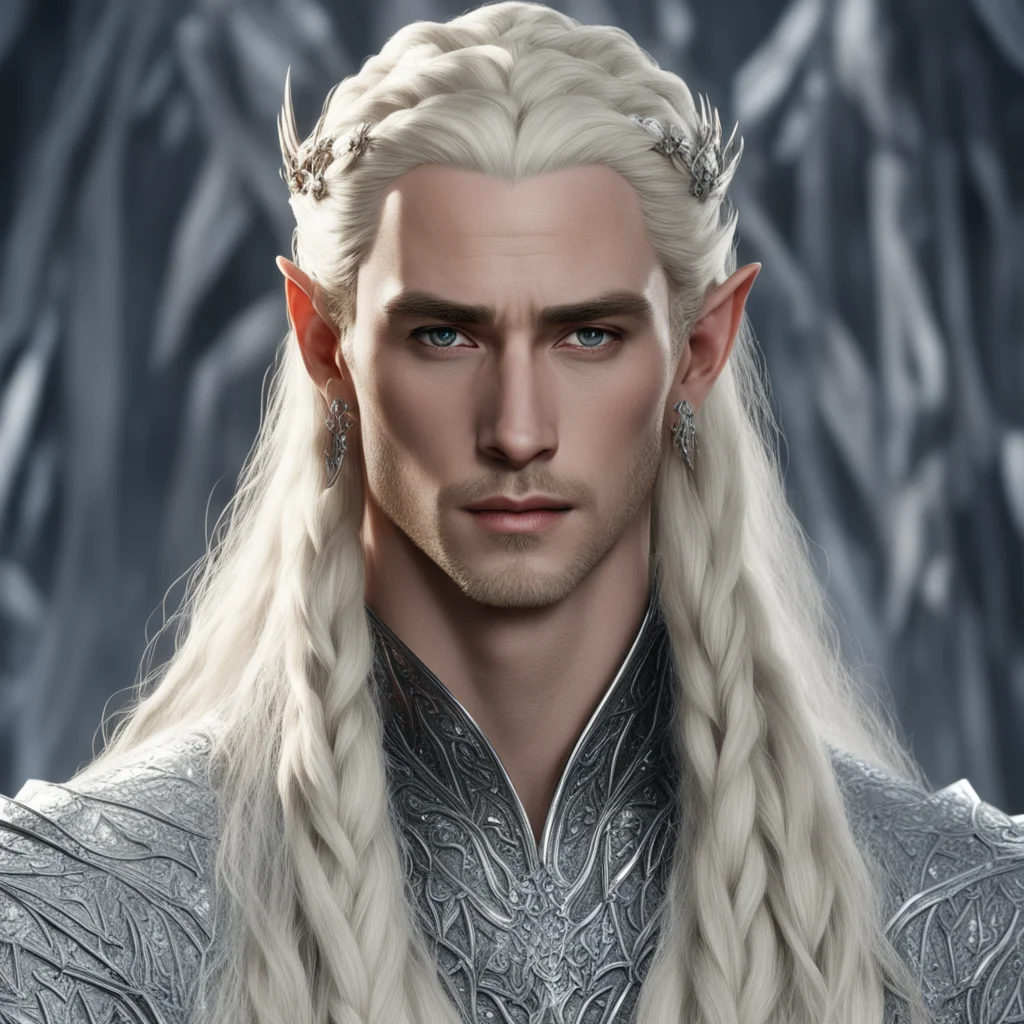 king thranduil with blond hair and braids wearing wearing large diamond clusters on silver with large center diamond in the hair amazing awesome portrait 2