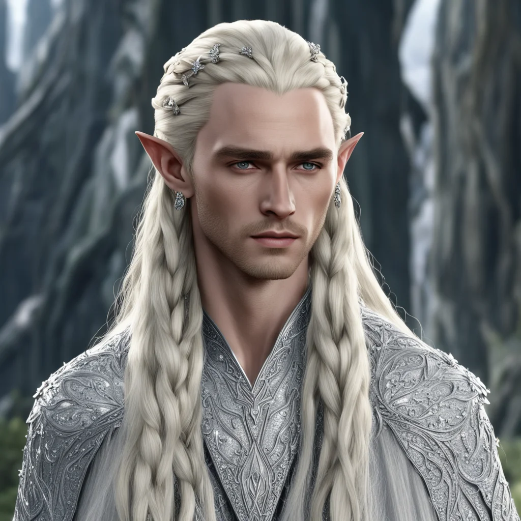 king thranduil with blond hair and braids wearing wearing large diamond clusters on silver with large center diamond in the hair confident engaging wow artstation art 3
