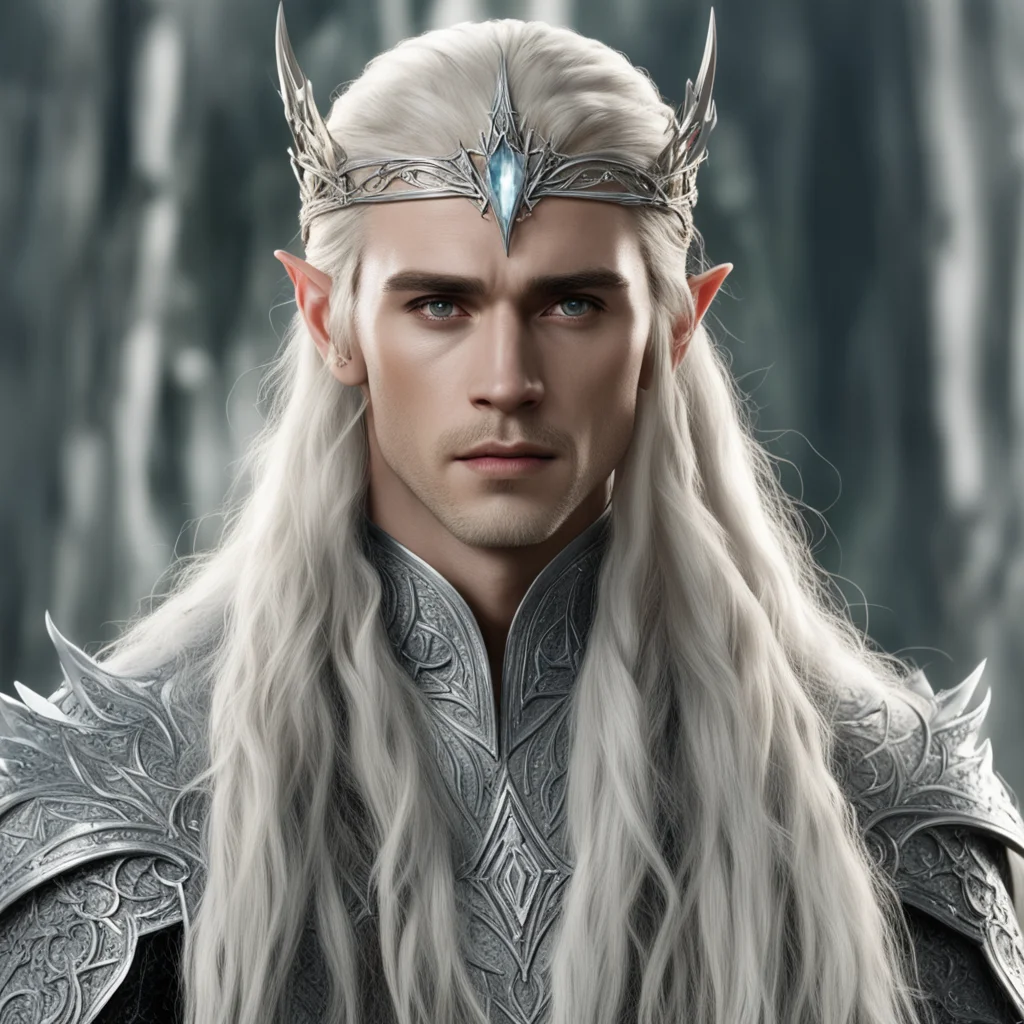 king thranduil with blond hair and braids with silver diamond studded elvish hair pins and silver elvish circlet with large center diamond confident engaging wow artstation art 3