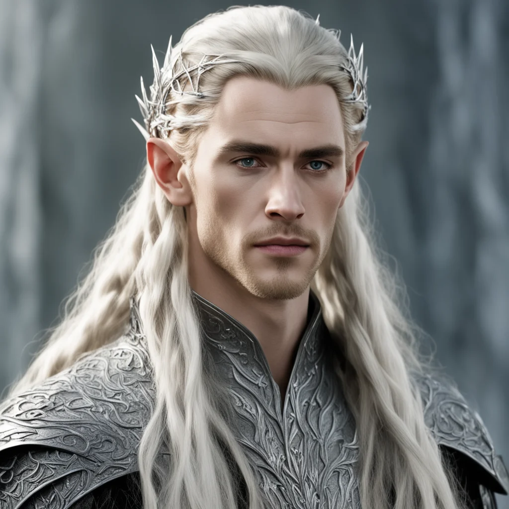 aiking thranduil with blond hair and braids with silver diamond studded elvish hair pins and silver elvish circlet with large center diamond