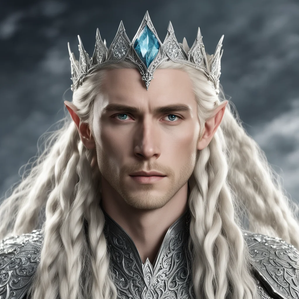 aiking thranduil with blond hair and braids with silver elvish coronet encrusted with diamonds with large center diamond amazing awesome portrait 2