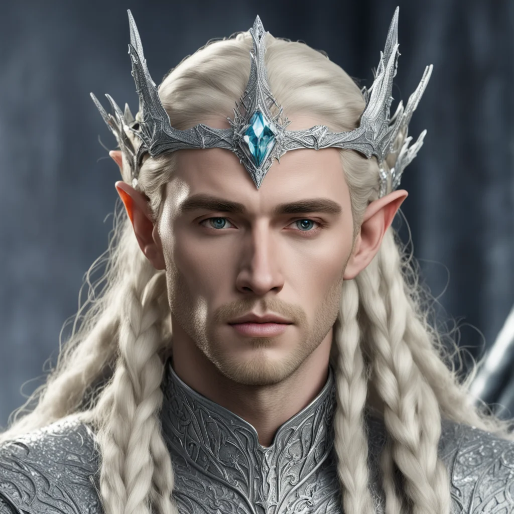 aiking thranduil with blond hair and braids with silver elvish coronet encrusted with diamonds with large center diamond good looking trending fantastic 1