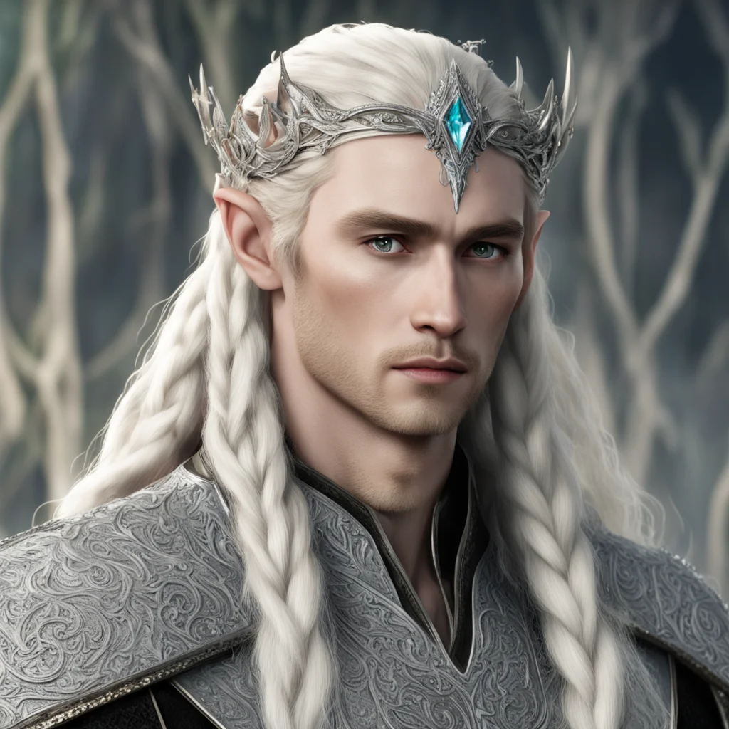 aiking thranduil with blond hair and braids with silver elvish coronet encrusted with diamonds with large center diamond