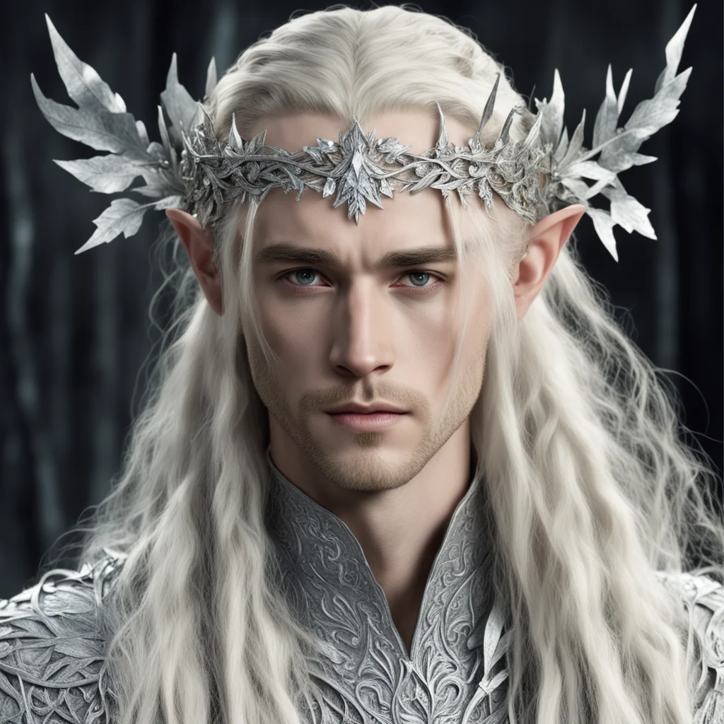king thranduil with blond hair and braids with silver oak leaves encrusted with diamonds with diamond clusters to form a silver elvish circlet with large center diamond  confident engaging wow artst