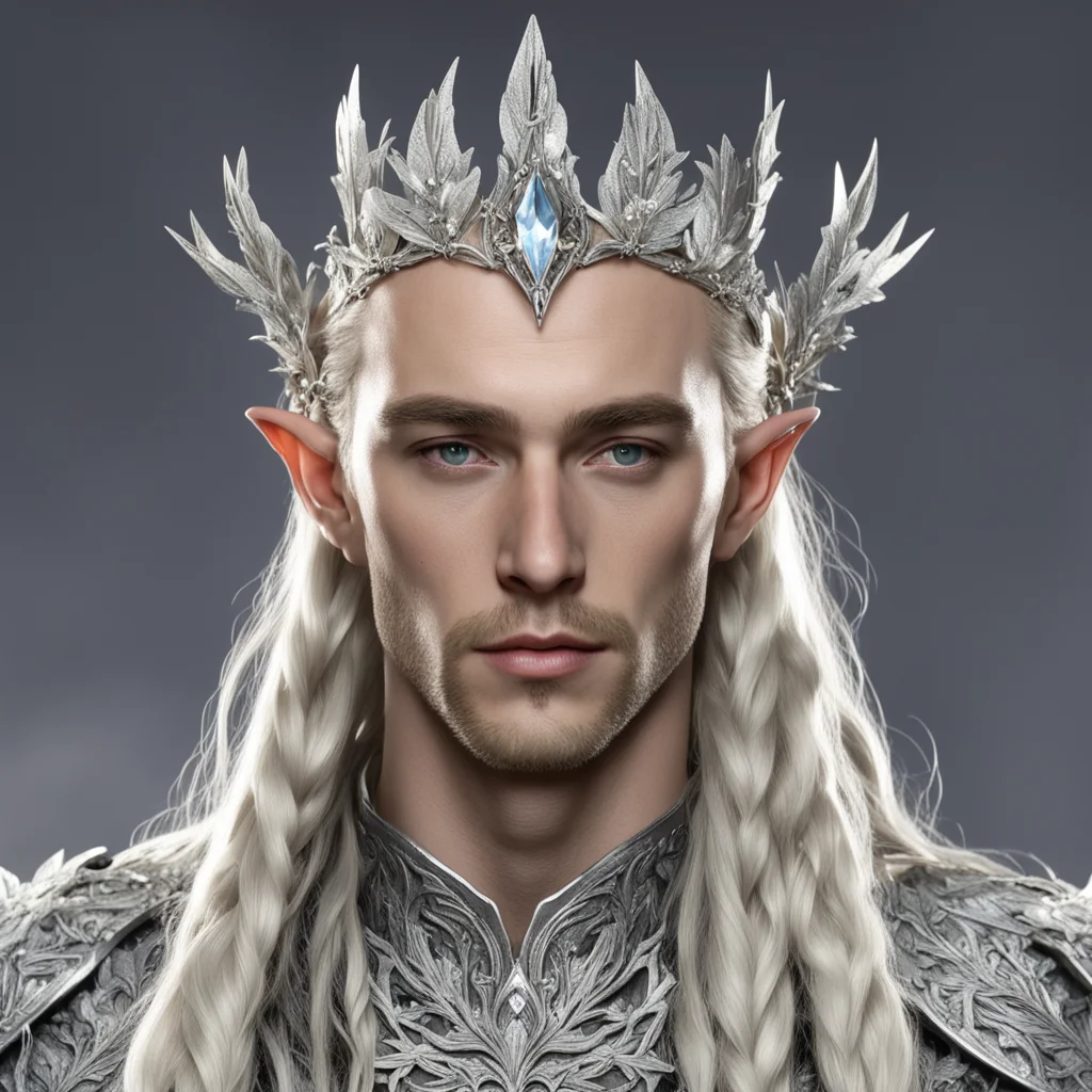 king thranduil with blond hair and braids with silver oak leaves encrusted with diamonds with diamond clusters to form a silver elvish circlet with large center diamond  good looking trending fantas