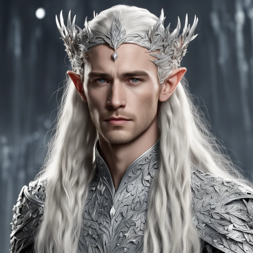 king thranduil with blond hair and braids with silver oak leaves encrusted with diamonds with diamond clusters to form a silver elvish circlet with large center diamond 