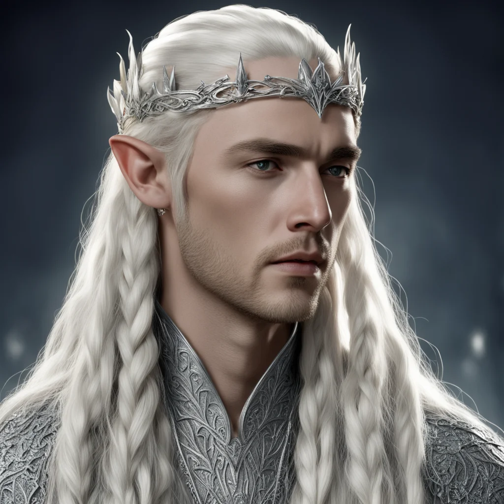 aiking thranduil with blond hair and braids with silver strings of diamonds with small silver elvish circlet encrusted with diamonds with large center diamond amazing awesome portrait 2