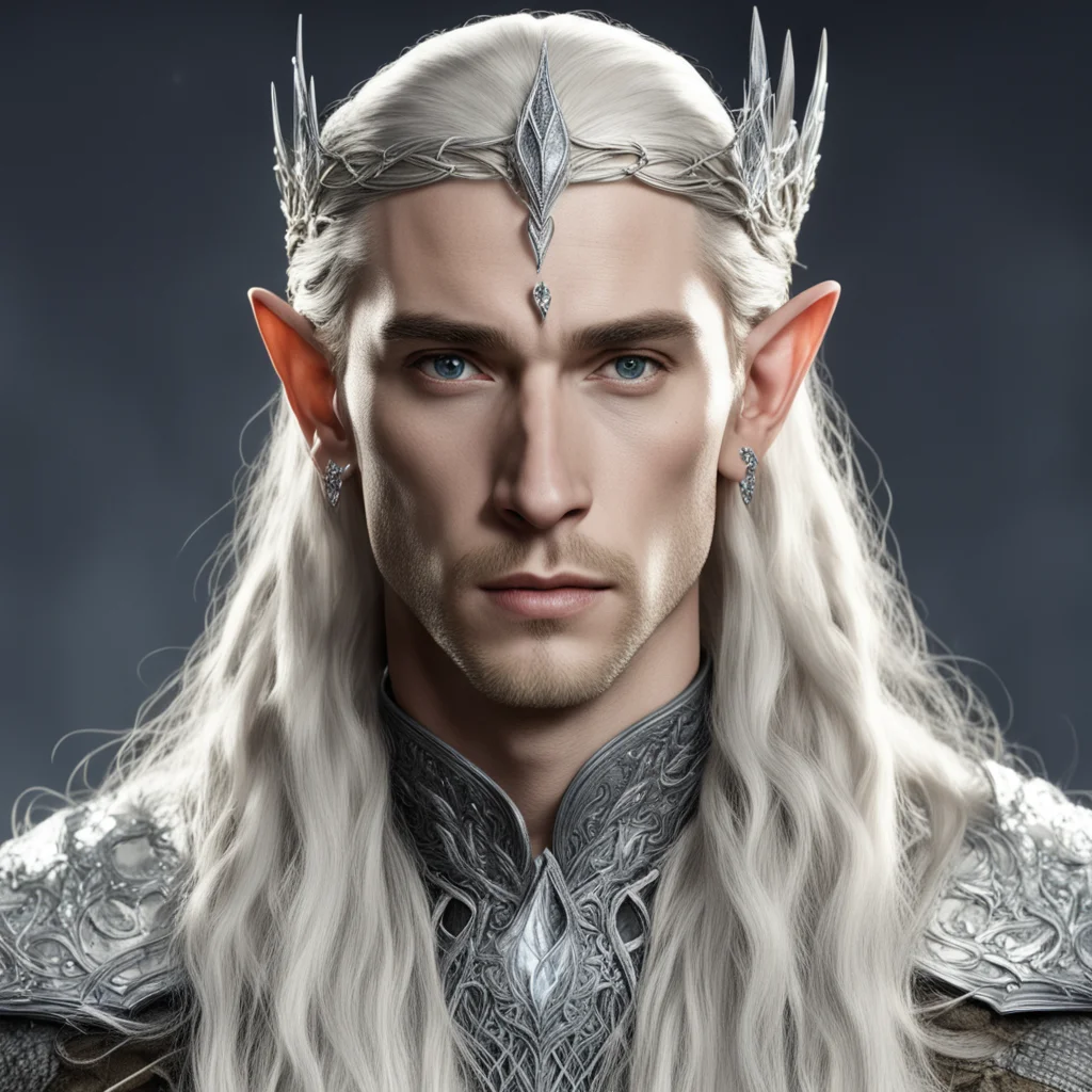 aiking thranduil with blond hair and braids with silver strings of diamonds with small silver elvish circlet encrusted with diamonds with large center diamond good looking trending fantastic 1