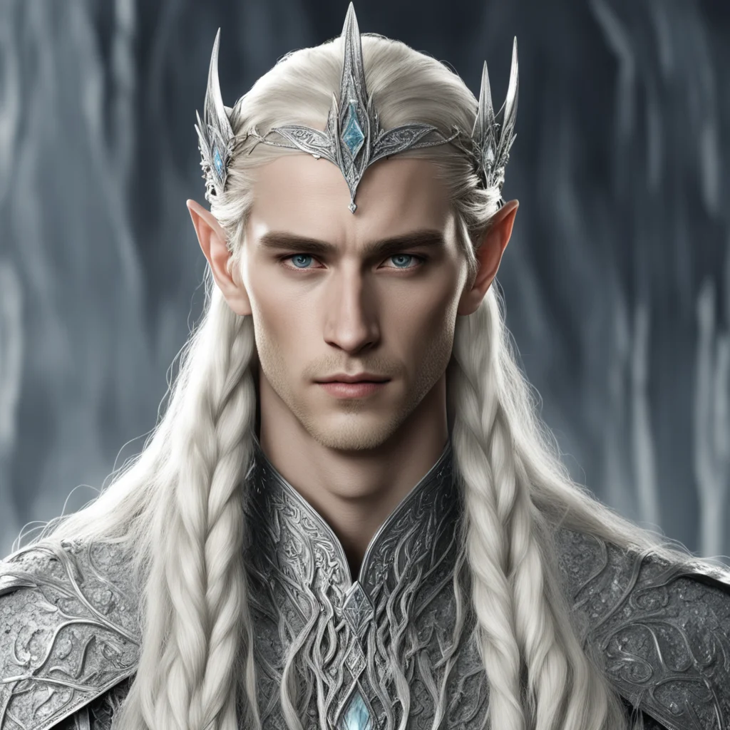 aiking thranduil with blond hair and braids with silver strings of diamonds with small silver elvish circlet encrusted with diamonds with large center diamond