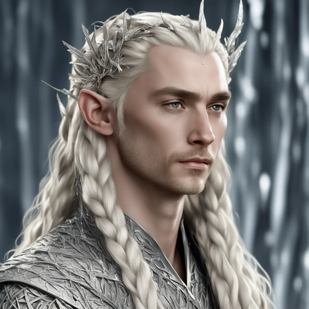 aiking thranduil with blond hair and braids with silver twig with silver leaves studded with diamonds in hair