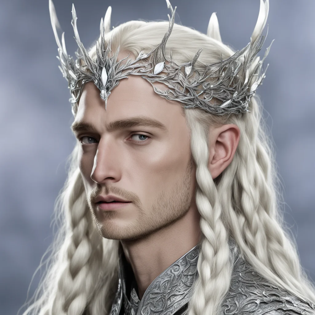 aiking thranduil with blond hair and braids with silver twigs encrusted with diamonds to form a silver sindarin elvish circlet with large center diamond  amazing awesome portrait 2