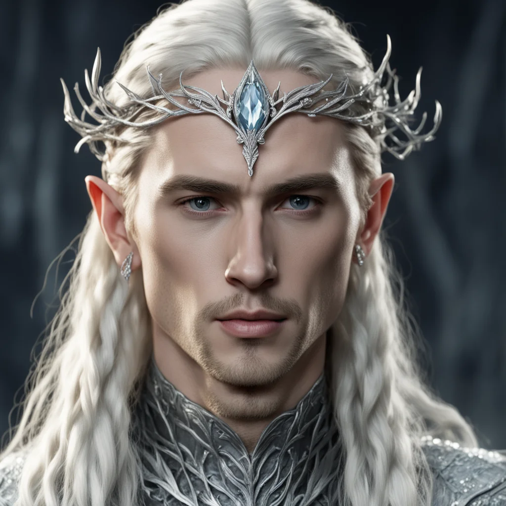 aiking thranduil with blond hair and braids with silver twigs encrusted with diamonds to form a silver sindarin elvish circlet with large center diamond  good looking trending fantastic 1