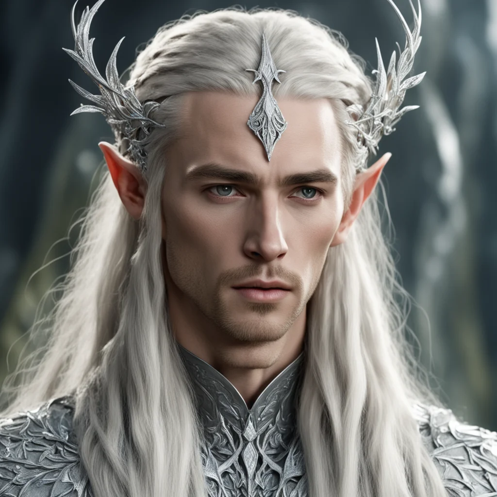 king thranduil with blond hair and braids with silver twigs encrusted with diamonds to form a silver sindarin elvish circlet with large center diamond 