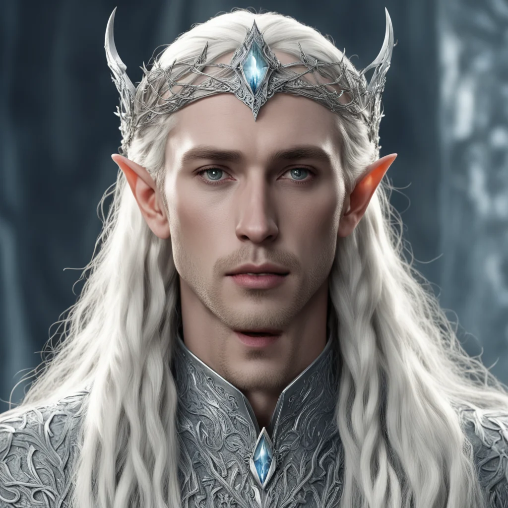 aiking thranduil with blond hair and braids with small silver leafy vines encrusted with diamonds to form a silver serpentine elvish circlet with large center diamond amazing awesome portrait 2