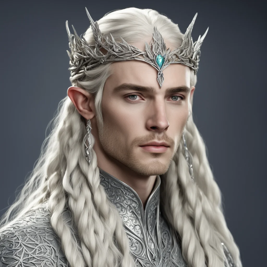 aiking thranduil with blond hair and braids with small silver leafy vines encrusted with diamonds to form a silver serpentine elvish circlet with large center diamond