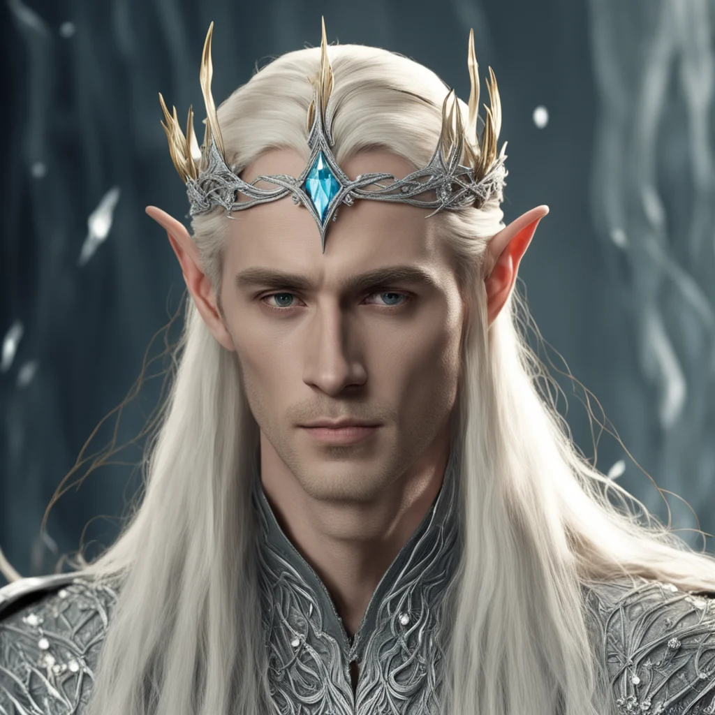 aiking thranduil with blond hair wearing a silver vine encrusted with diamonds to form a small slender elvish circlet with center diamond confident engaging wow artstation art 3