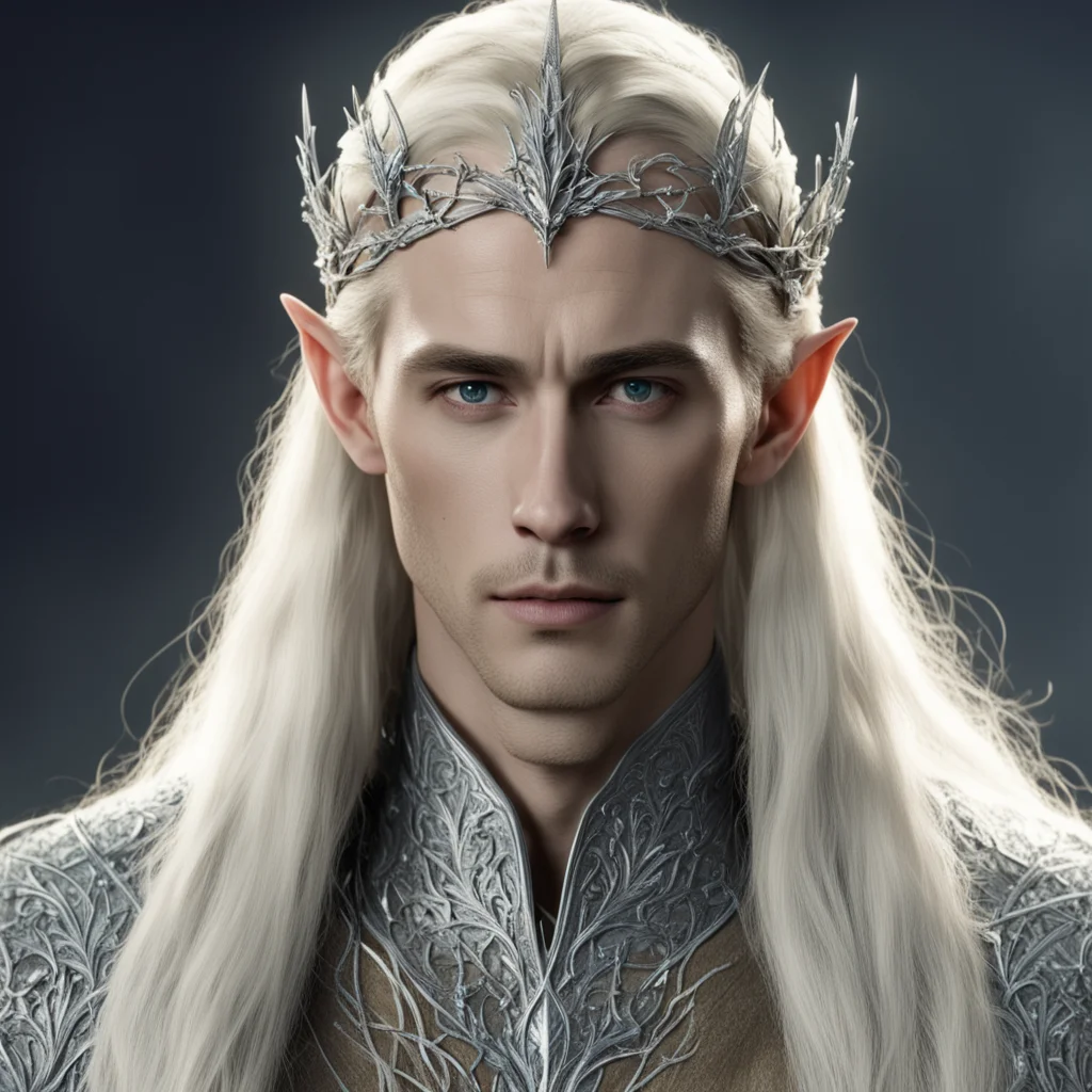 aiking thranduil with blond hair wearing a silver vine encrusted with diamonds to form a small slender elvish circlet with center diamond good looking trending fantastic 1