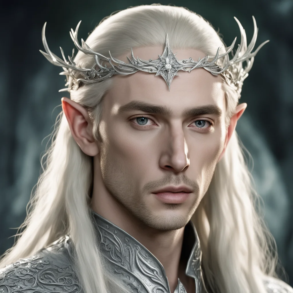 aiking thranduil with blond hair wearing a silver vine encrusted with diamonds to form a small slender elvish circlet with center diamond