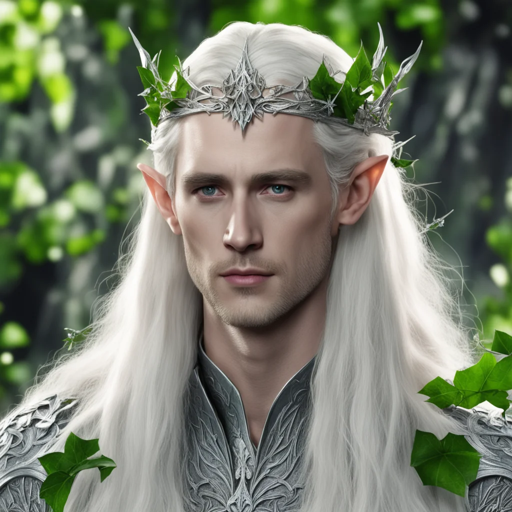 king thranduil with blond hair wearing ivy leaves made of pure silver into elvish circlet with diamonds