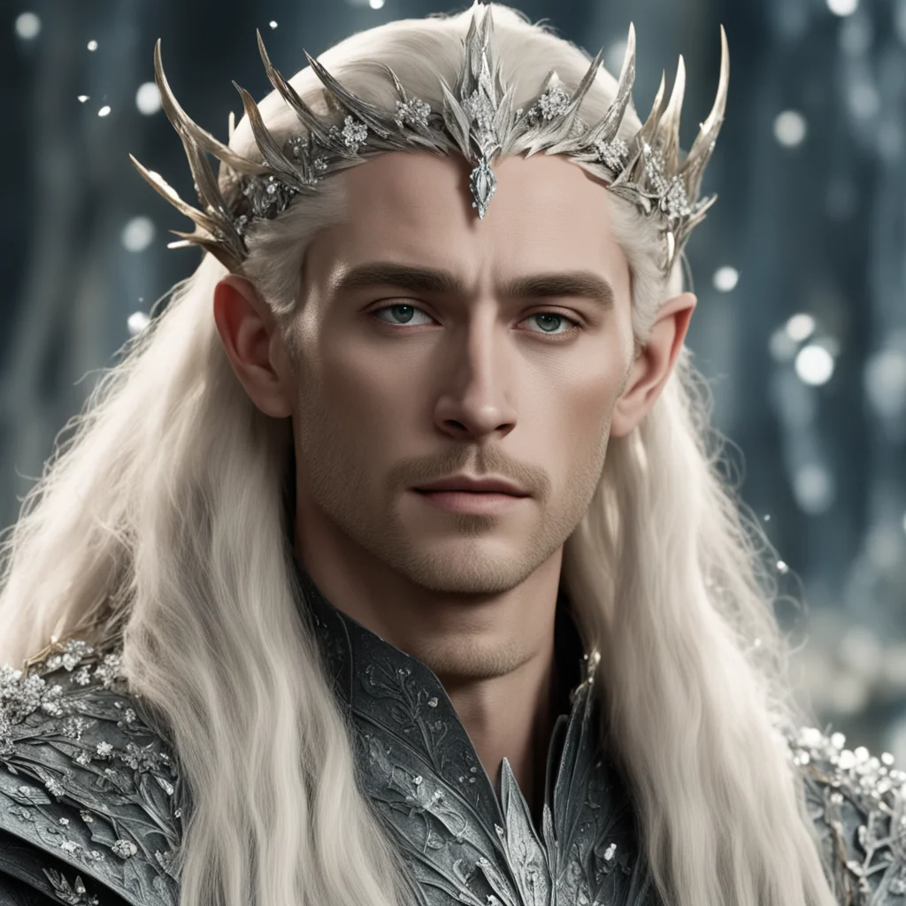 aiking thranduil with blond hair wearing silver laurel branches and large clusters of diamonds in the hair amazing awesome portrait 2