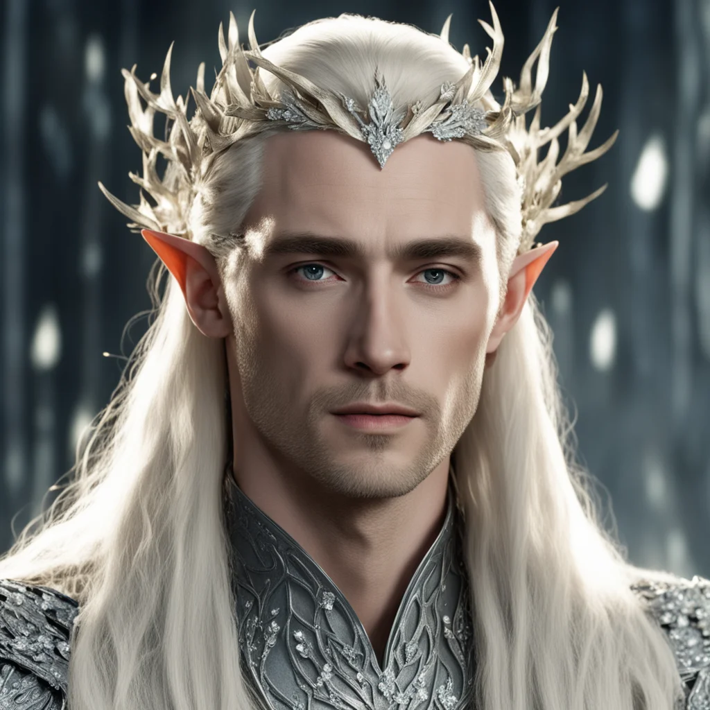 king thranduil with blond hair wearing silver laurel branches and large clusters of diamonds in the hair confident engaging wow artstation art 3
