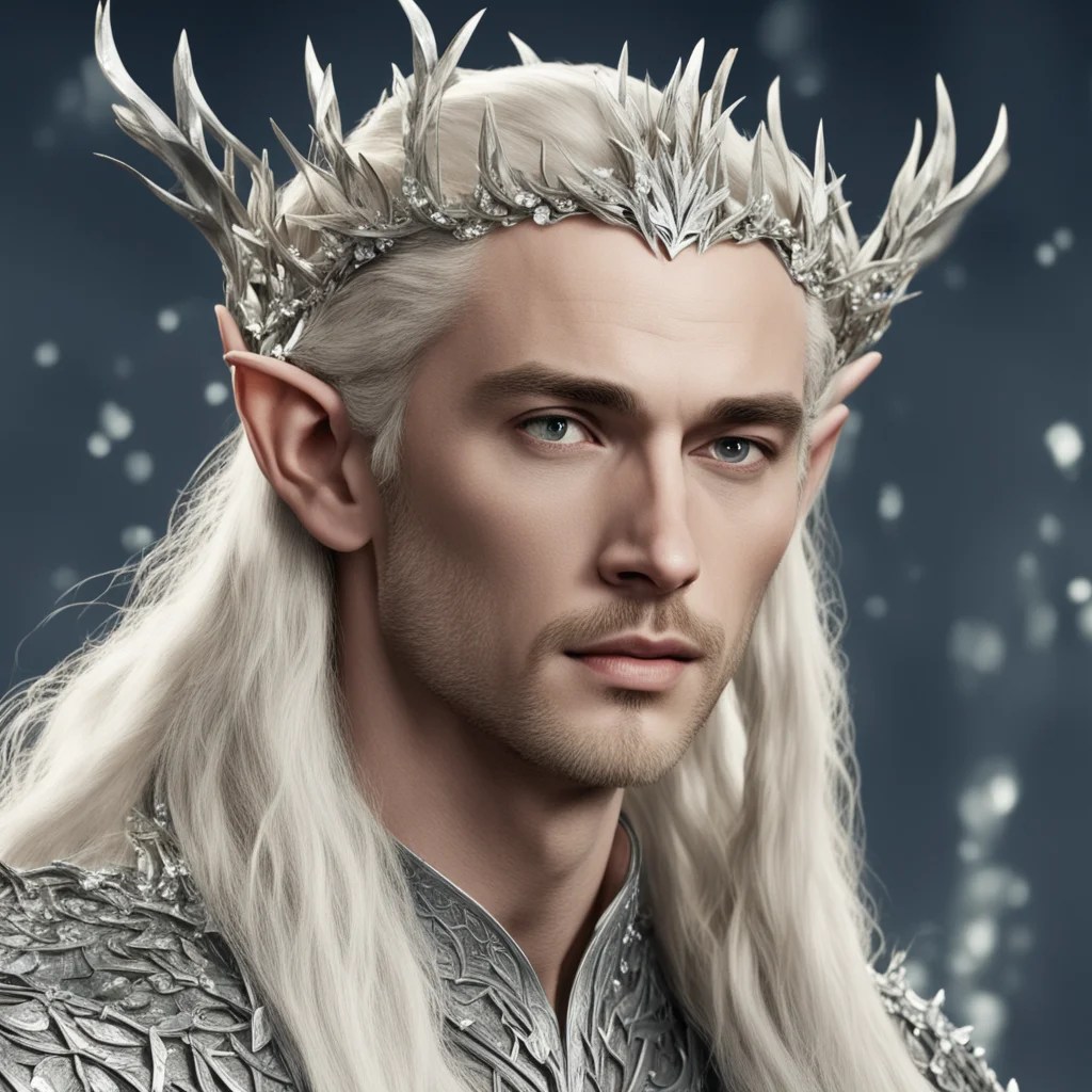 aiking thranduil with blond hair wearing silver laurel branches and large clusters of diamonds in the hair