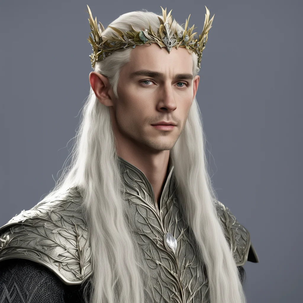 aiking thranduil with blond hair wearing silver laurel leaf elven circlet with diamond berries good looking trending fantastic 1