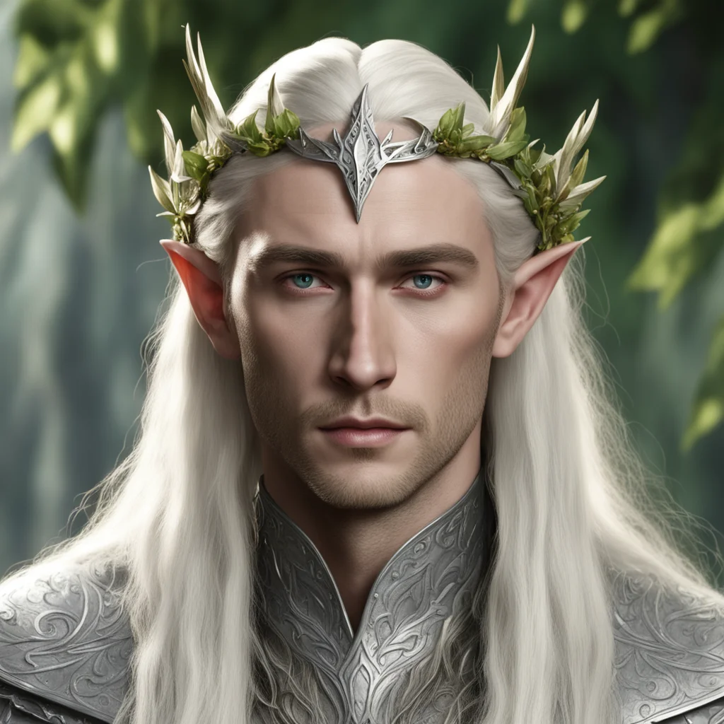 aiking thranduil with blond hair wearing silver laurel leaf elven circlet with diamond berries