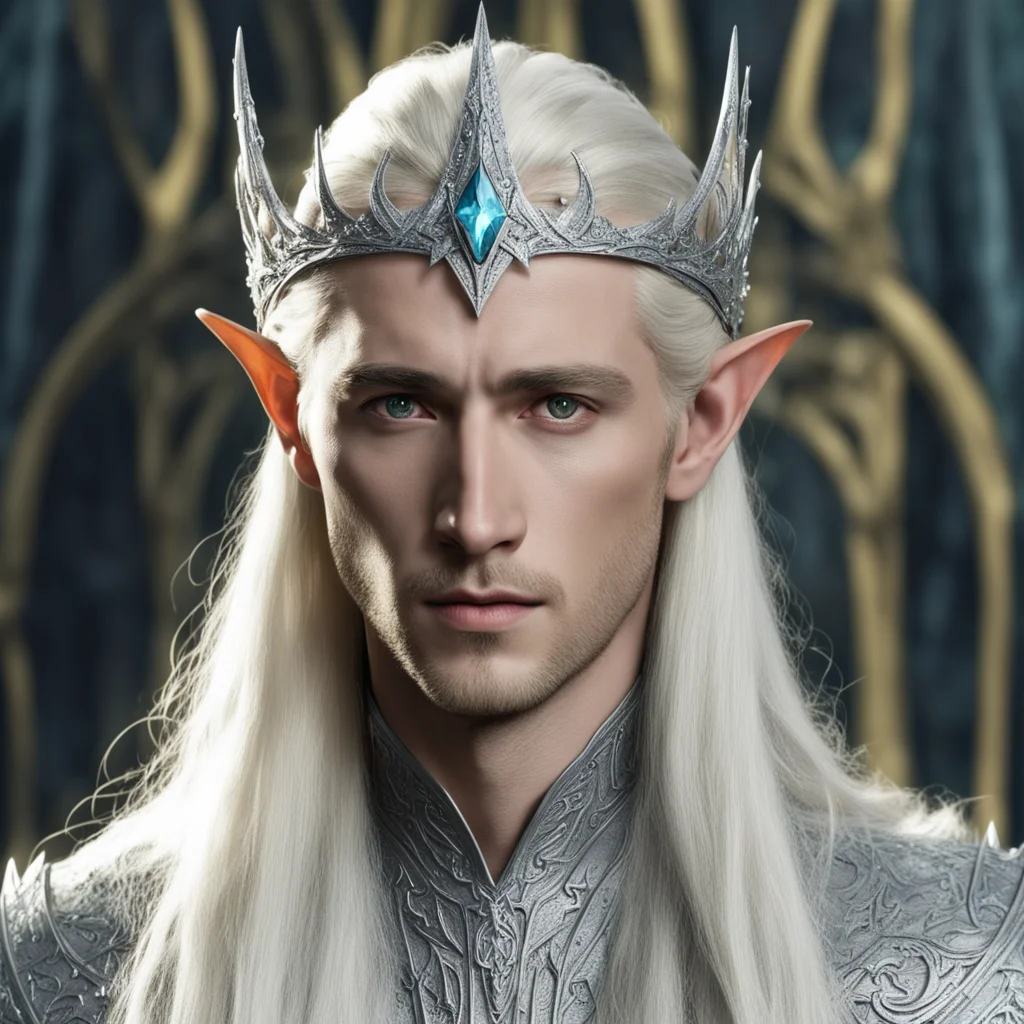 aiking thranduil with blond hair wearing silver wood elvish circlet encrusted with diamonds with large yellowish center diamond amazing awesome portrait 2
