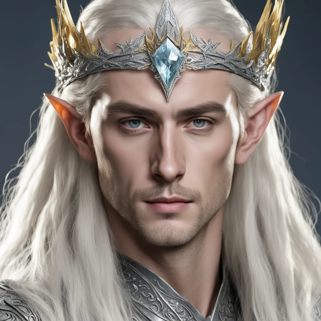 aiking thranduil with blond hair wearing silver wood elvish circlet encrusted with diamonds with large yellowish center diamond good looking trending fantastic 1