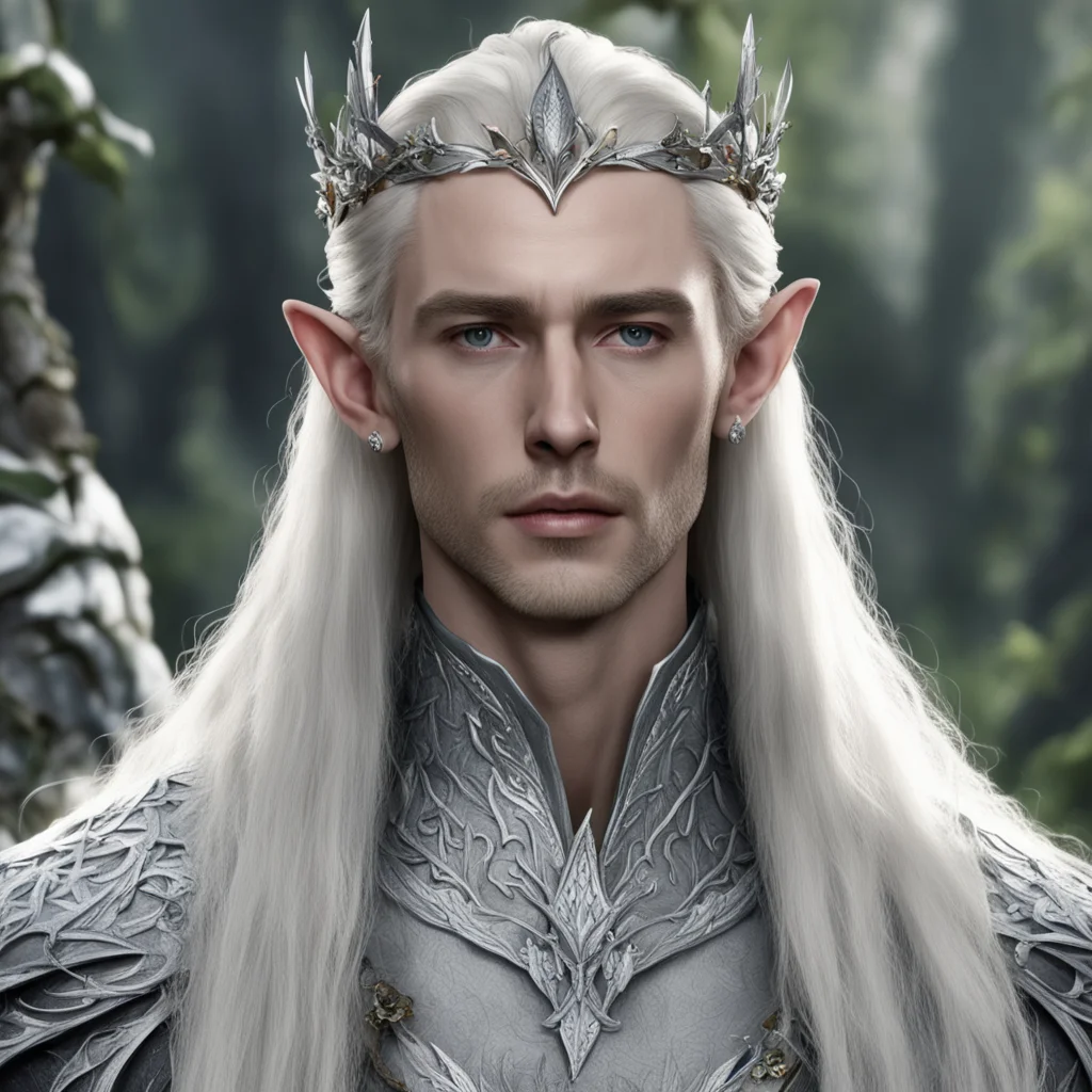 aiking thranduil with blond hair wearing small silver elvish coronet with silver oak leaf and large berries of diamonds  amazing awesome portrait 2