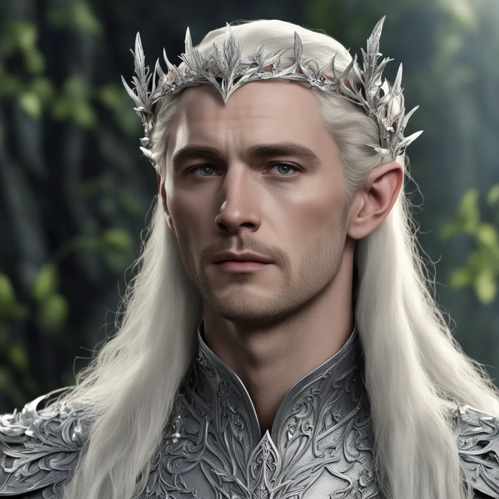 aiking thranduil with blond hair wearing small silver elvish coronet with silver oak leaf and large berries of diamonds  confident engaging wow artstation art 3