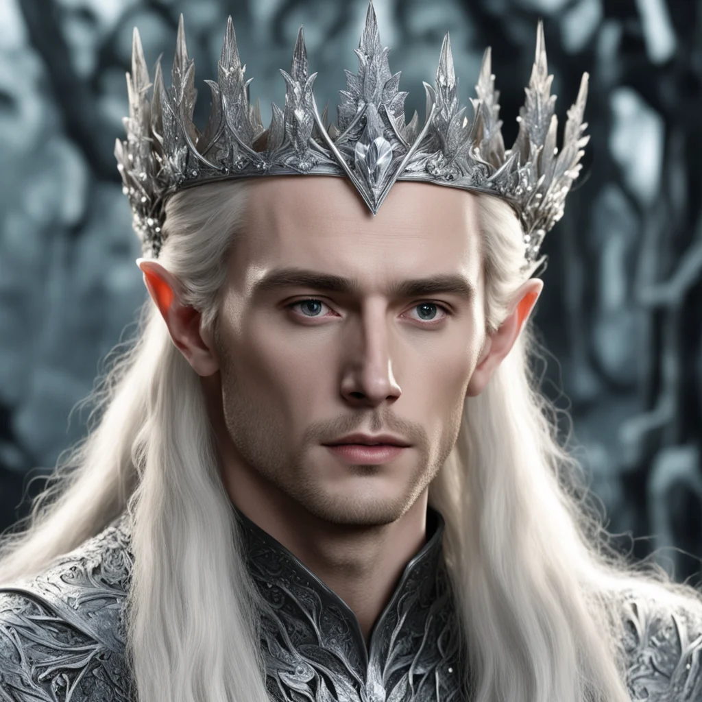king thranduil with blond hair wearing small silver elvish coronet with silver oak leaf and large berries of diamonds  good looking trending fantastic 1