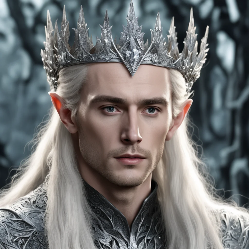 aiking thranduil with blond hair wearing small silver elvish coronet with silver oak leaf and large berries of diamonds  good looking trending fantastic 1