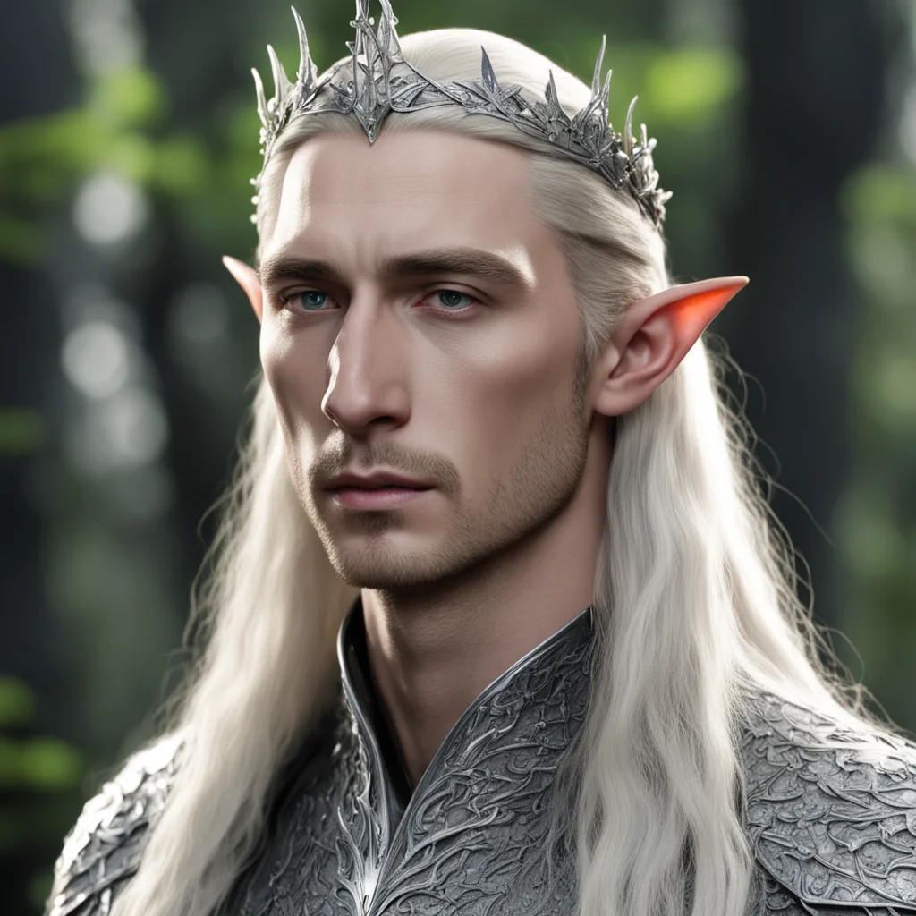 king thranduil with blond hair wearing small silver elvish coronet with silver oak leaf and large berries of diamonds 