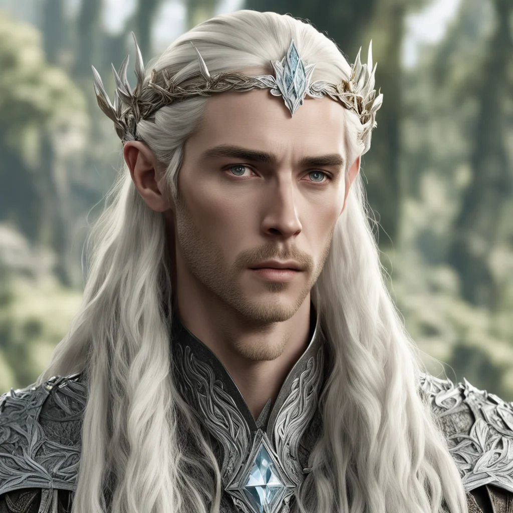 aiking thranduil with blond hair with braids  wearing silver laurel leaf and diamond berry elvish circlet with large diamond in center amazing awesome portrait 2