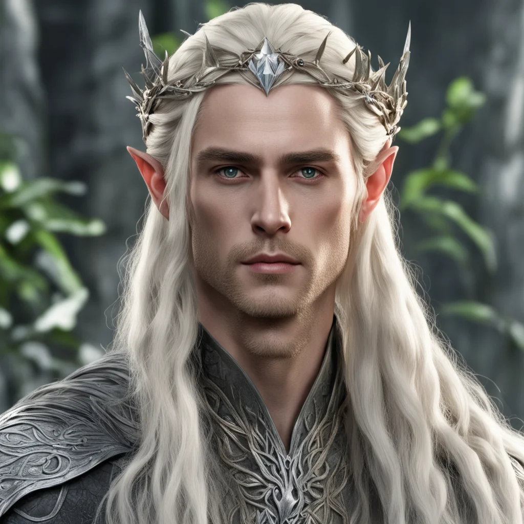 aiking thranduil with blond hair with braids  wearing silver laurel leaf and diamond berry elvish circlet with large diamond in center confident engaging wow artstation art 3