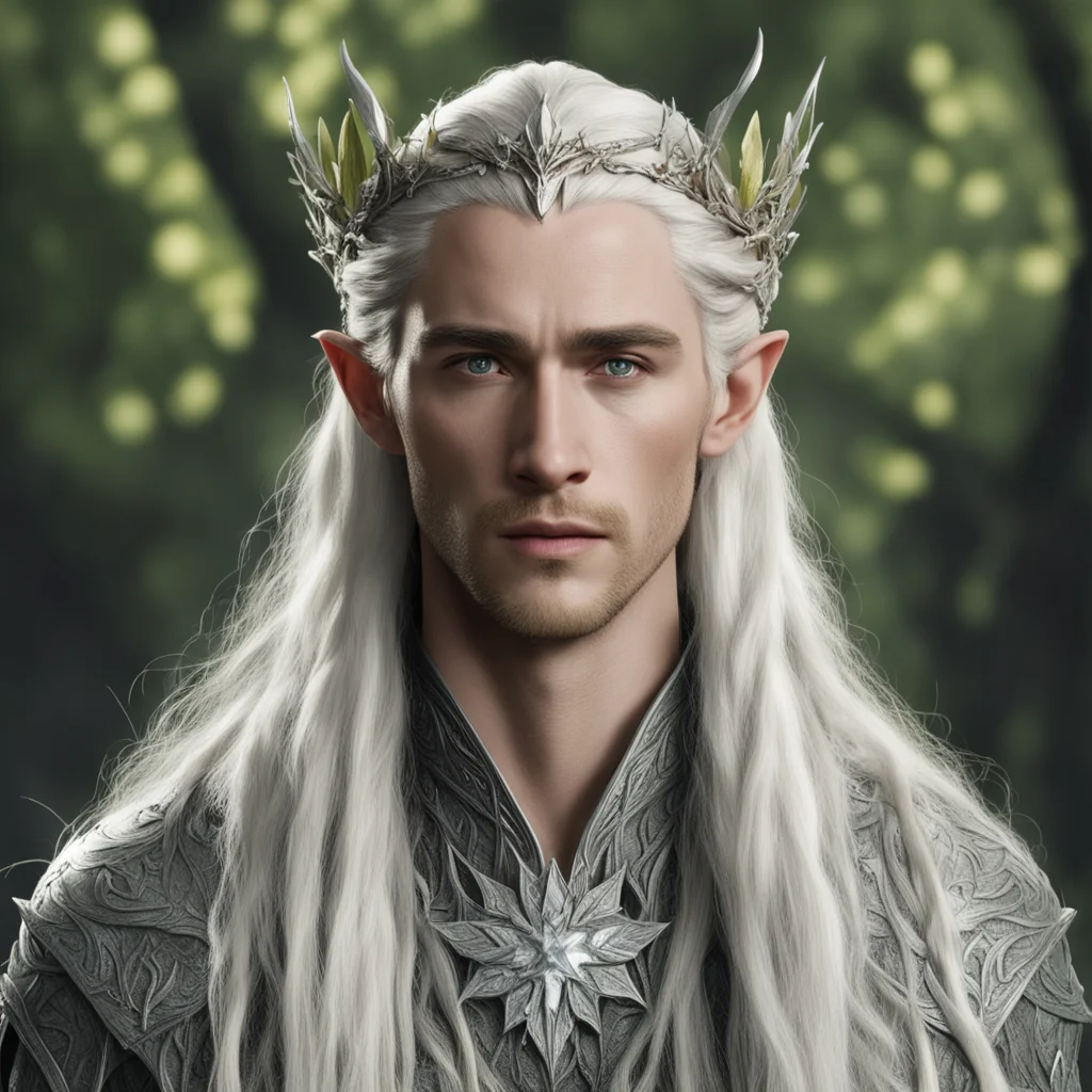 aiking thranduil with blond hair with braids  wearing silver laurel leaf and diamond berry elvish circlet with large diamond in center good looking trending fantastic 1