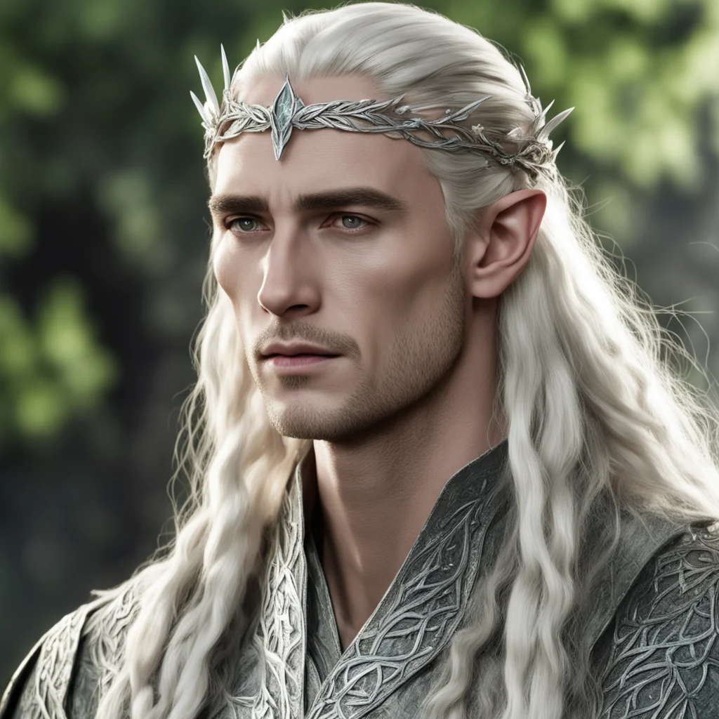 aiking thranduil with blond hair with braids  wearing silver laurel leaf and diamond berry elvish circlet with large diamond in center