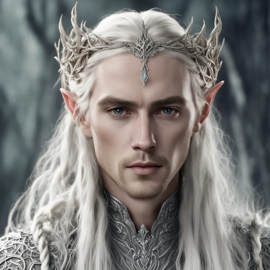 king thranduil with blond hair with braids weaing silver vines with diamonds intertwined into hair braids with small silver nandorin elvish circlet with center diamond good looking trending fantasti