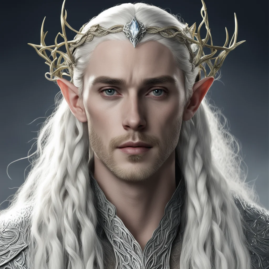 aiking thranduil with blond hair with braids weaing silver vines with diamonds intertwined into hair braids with small silver nandorin elvish circlet with center diamond