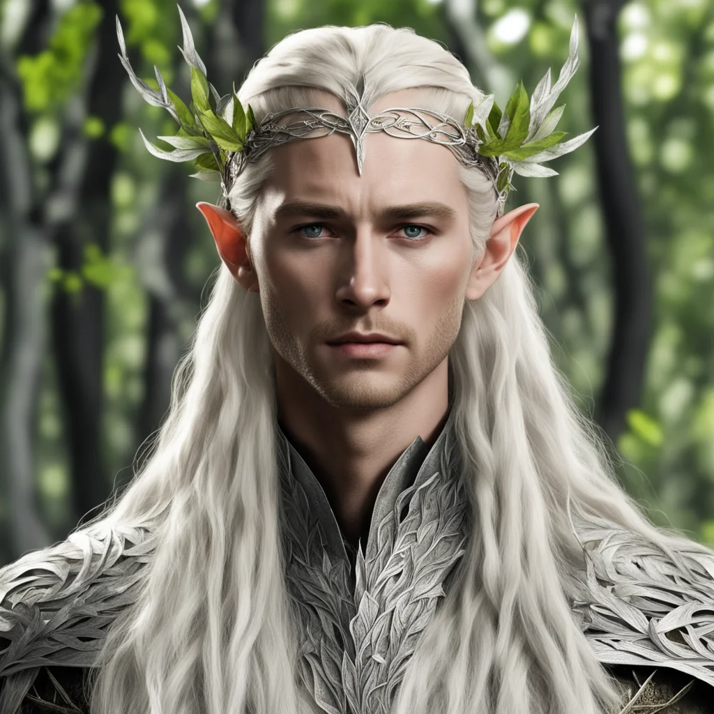 aiking thranduil with blond hair with braids wearing birch leaves made of silver elven circlet with diamonds amazing awesome portrait 2