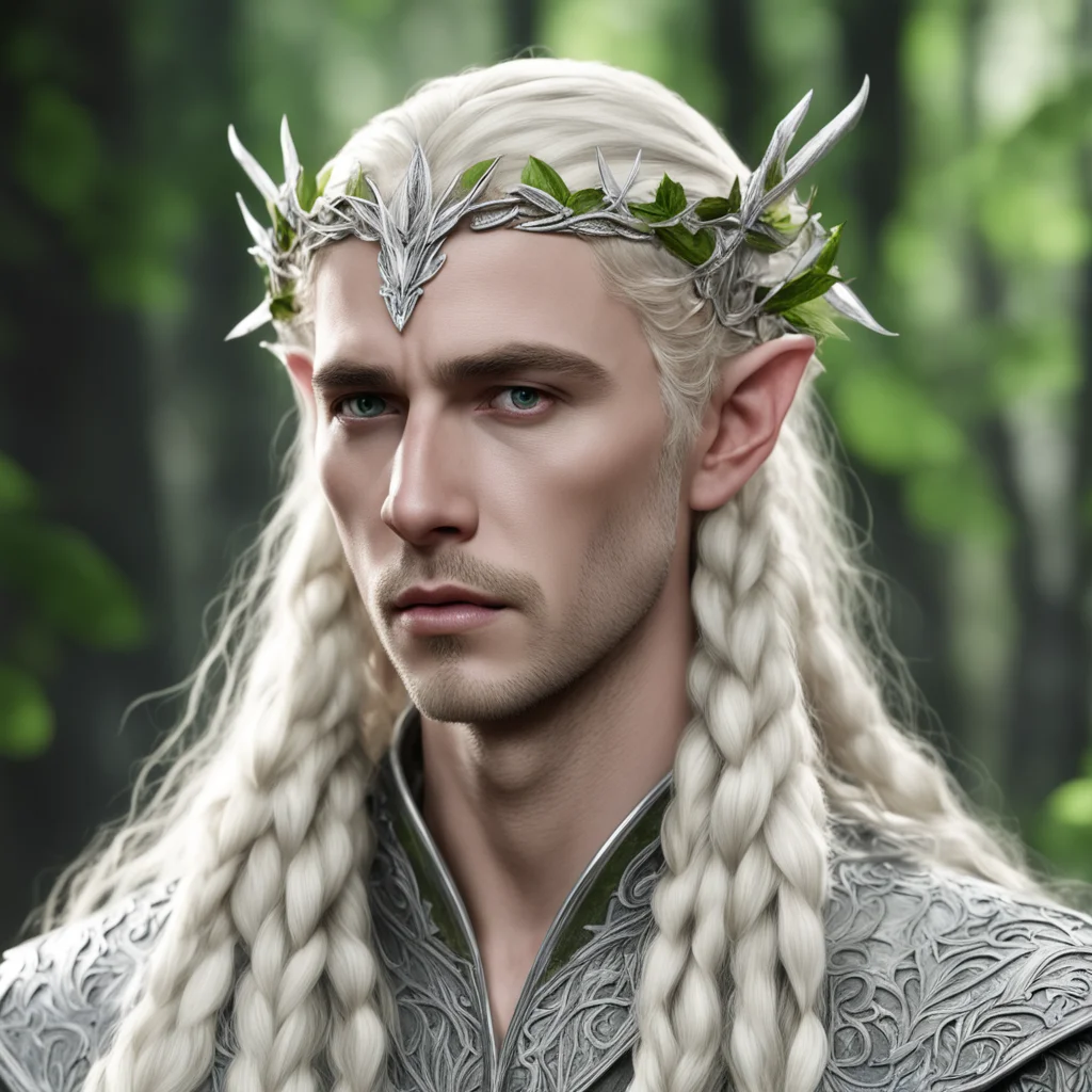 aiking thranduil with blond hair with braids wearing birch leaves made of silver elven circlet with diamonds confident engaging wow artstation art 3