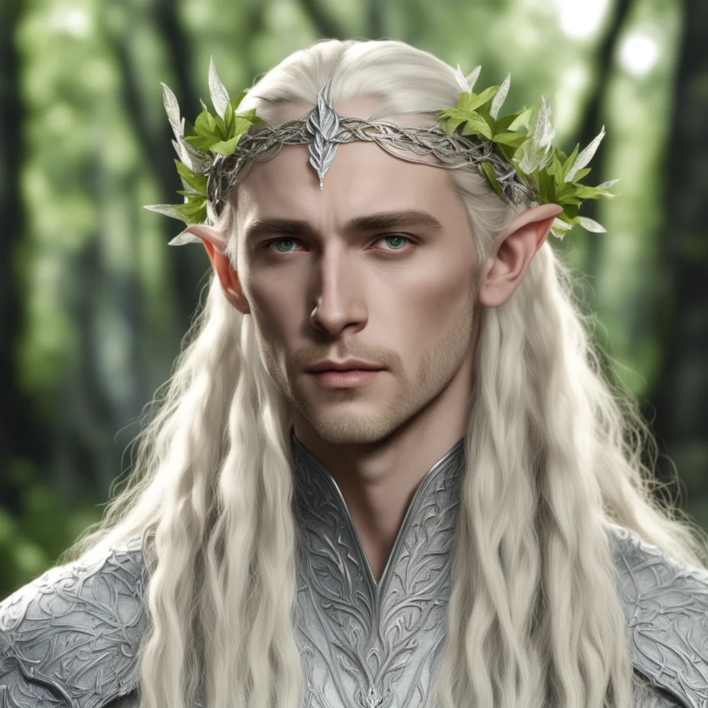 aiking thranduil with blond hair with braids wearing birch leaves made of silver elven circlet with diamonds good looking trending fantastic 1