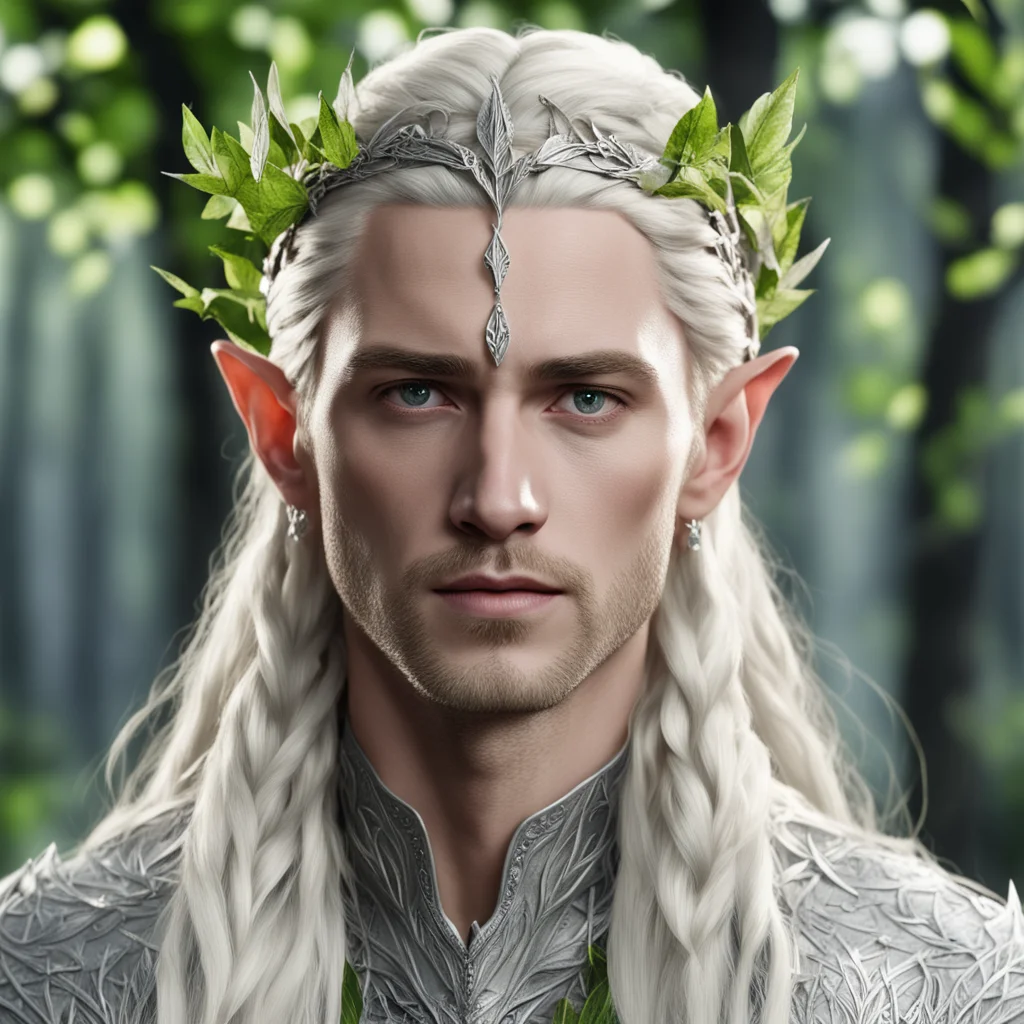 king thranduil with blond hair with braids wearing birch leaves made of silver elven circlet with diamonds