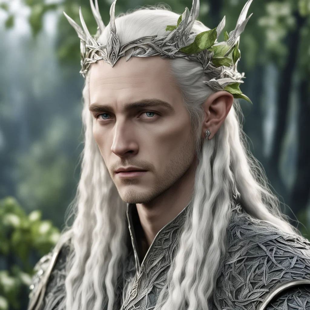 aiking thranduil with blond hair with braids wearing birch leaves made of silver with silver elvish circlet with diamonds amazing awesome portrait 2